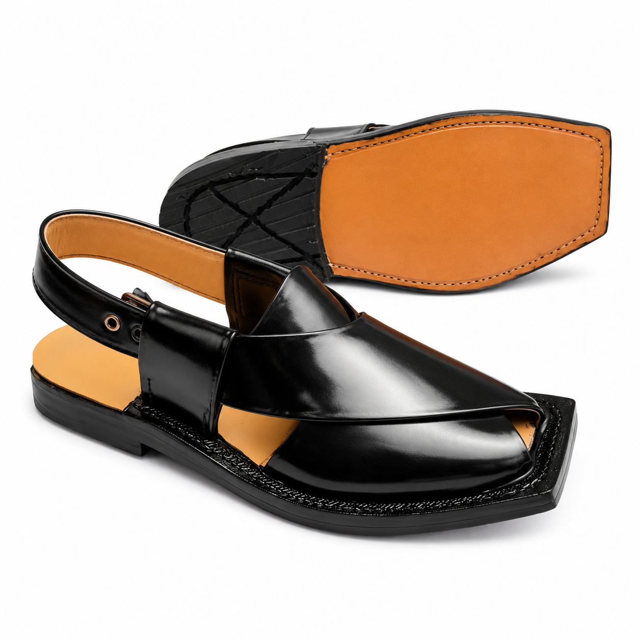 Single Leather Sole Plain Norozi Sandal ( Black )